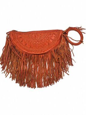 Hand Crafted Burnt Orange Fringed Leather Wristlet Clutch
